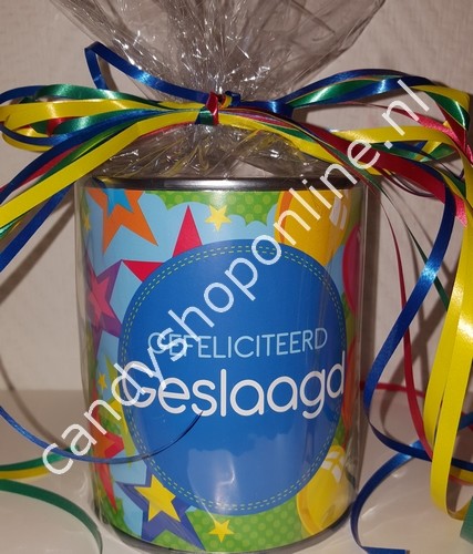 Blik Gefeliciteerd Geslaagd 500gr.